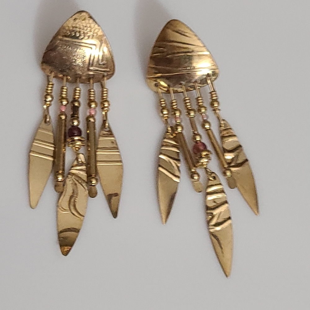 Vintage Tabra Totem Pole 14k Gf Earrings Gemstones 14k Gold Back Embossed 90's